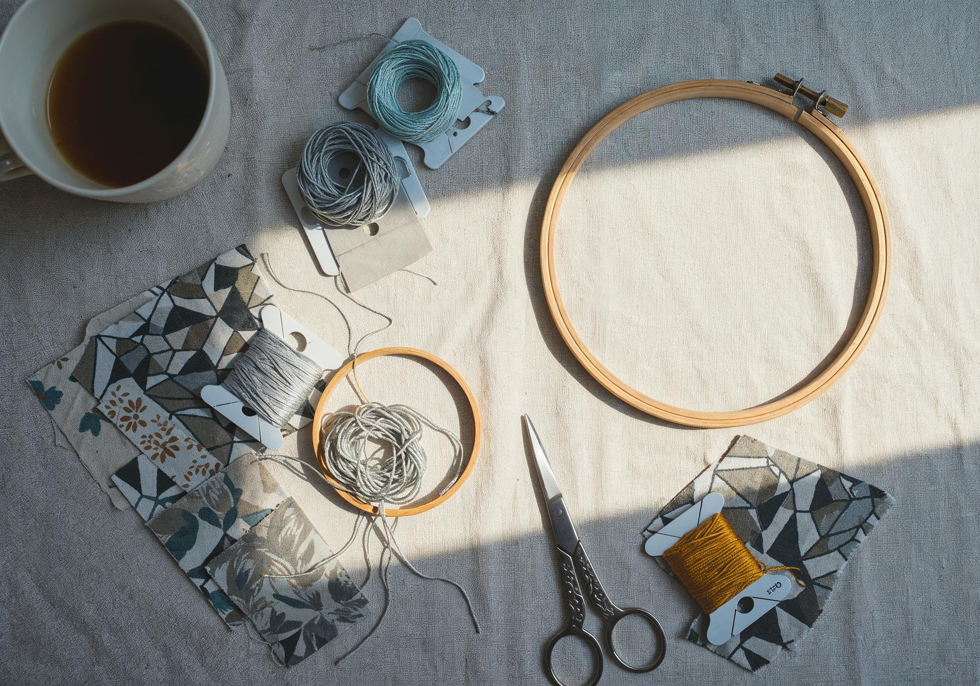 Atelier Arbeitsplatz mit Stickrahmen und Fäden